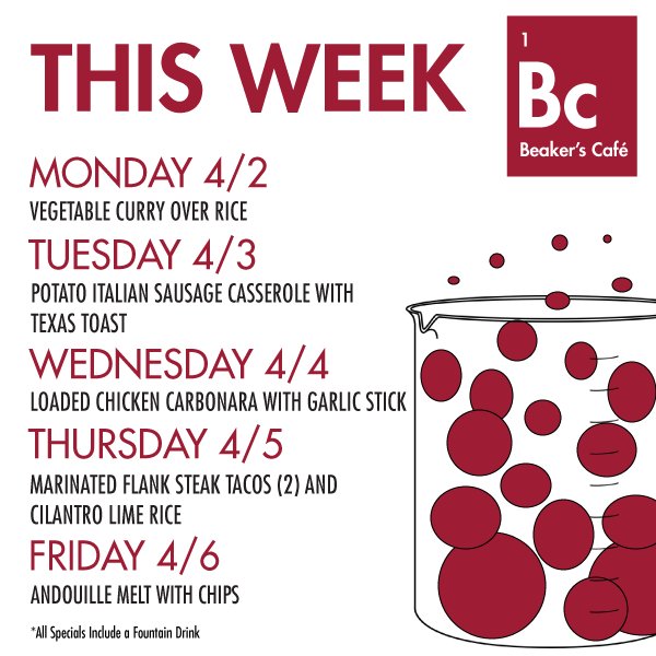 OUHSCDining's tweet image. The Healthy Hearth and Beaker's Cafe have a great week of specials for you!