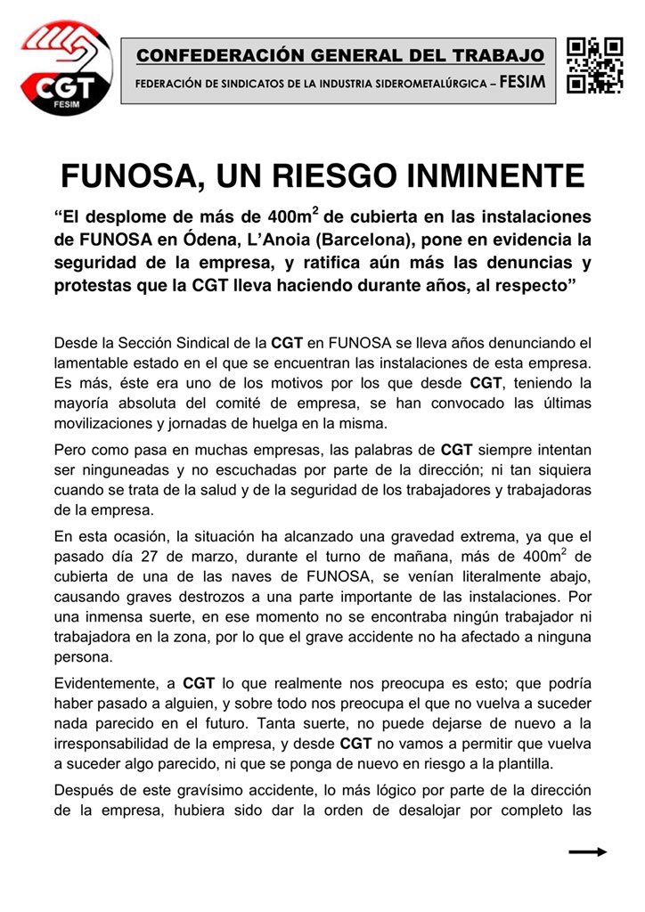 Salut_Lab_CGT's tweet photo. Des de @cgtanoia: 
Empresa de fundicions #Funosa desallotjada per risc inminent després de caure 400 m2 de cuberta d' #uralita amb #amiant.
Prou agressions a la salut laboral! https://t.co/t8HNbjfha7