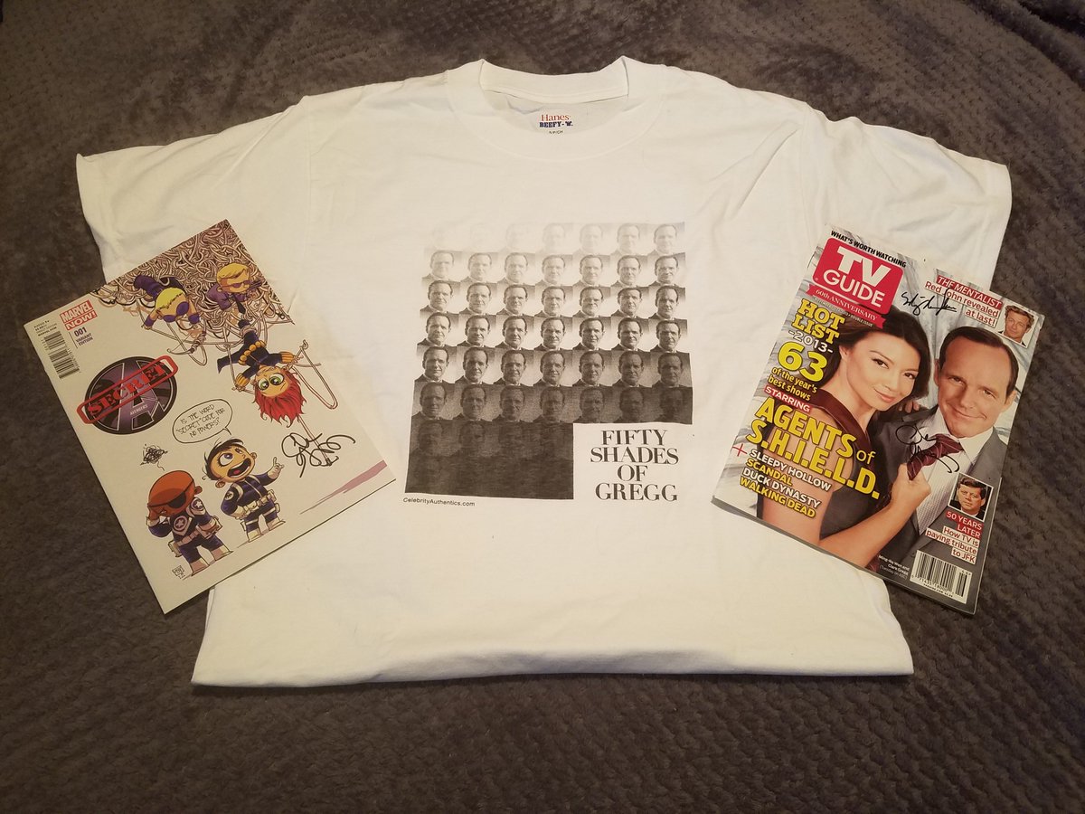 RT and FOLLOW us for a chance to win a <a href="/clarkgregg/">Clark Gregg</a> BIRTHDAY prize package of ALL the things you see in this photo:

* Rare Coulson &amp; May @TVGUIDE (signed by <a href="/clarkgregg/">Clark Gregg</a> &amp; <a href="/MingNa/">Ming-Na Wen</a>)
* <a href="/skottieyoung/">skottie young</a> variant Secret Avengers comic (signed by <a href="/clarkgregg/">Clark Gregg</a>)
* 50 Shades of Gregg t-shirt)