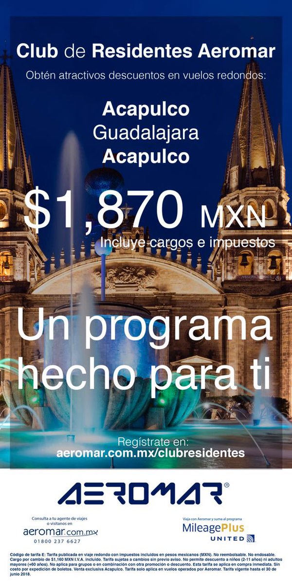 Si vives en #Acapulco, nuestrxs amigxs de @AeromarMX te invitan a ser parte de su programa #ClubResidentes donde podrás obtener tarifa en vuelo redondo a #Guadalajara por $1,870 pesos con impuestos incluidos. 

#ViajemosPorMéxico