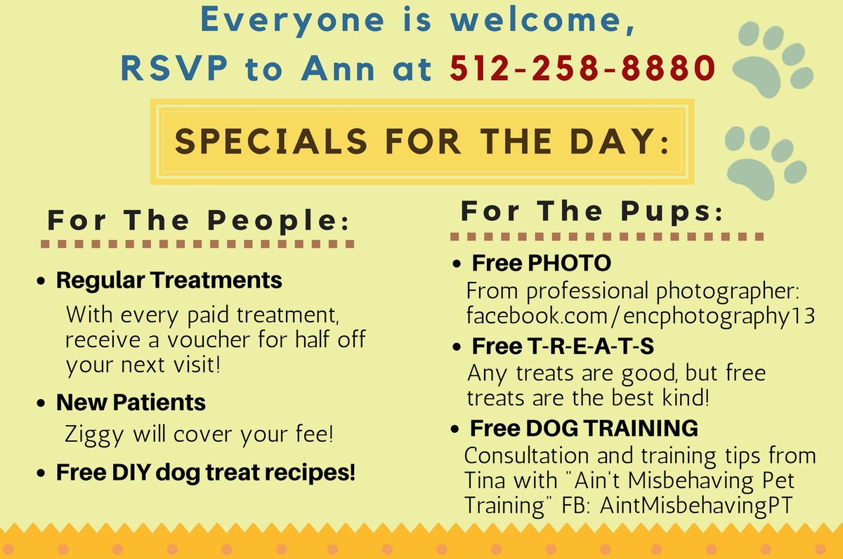 MotChiroATX's tweet photo. JOIN US 4/7 10a-1p for Chiropractic care and a DOG PARTY! We're celebrating Ziggy's 1st bday with dog treats, dog photographer, dog trainer &amp; adjustments for the humans! Come party with us: 512-258-8880 https://t.co/Ojl8o8AiiY