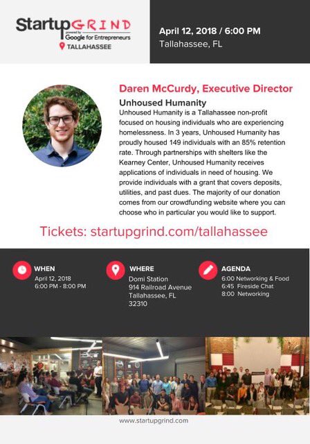 unhousedhumans's tweet photo. Have you ever wondered how we actually house families in our community? Get your ticket and come out to @StartupGrindTLH next week! https://t.co/G2TYVmntme