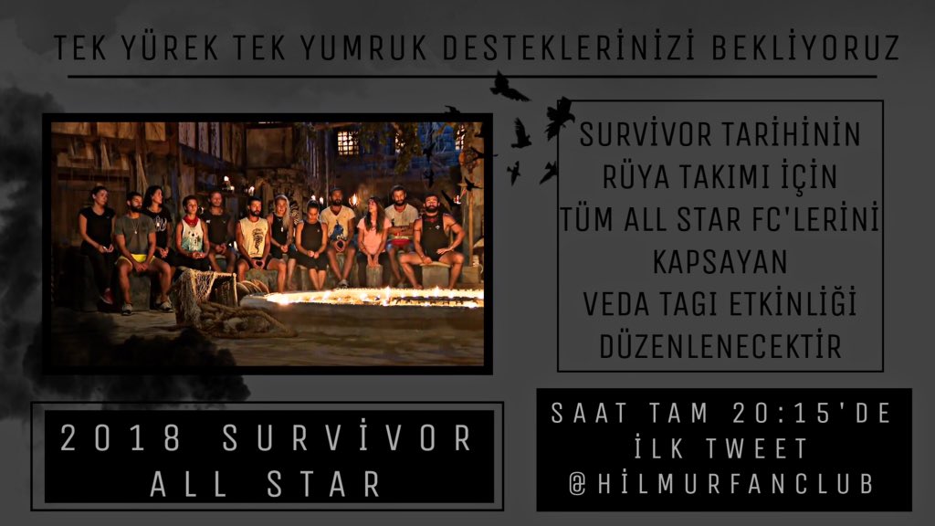 Rüya Takımı'nın sevenlerinden, Rüya Takımı'na yakışır bir veda olsun...

Bu gece tweetlerimizi, bu takıma son sözlerimizi bu tage atacağız...

Saat 20:15

İlk tweet: <a href="/HilMurFanClub/">HilMur Fan Official 🍀🌪️</a> 

#Survivor2018 #HilMur #MCWFC #HCIFC #AKFC #MAFC #DCFC #SAFC #SIFC #ESFC #TÇFC #UKFC #YDFC #BCFC