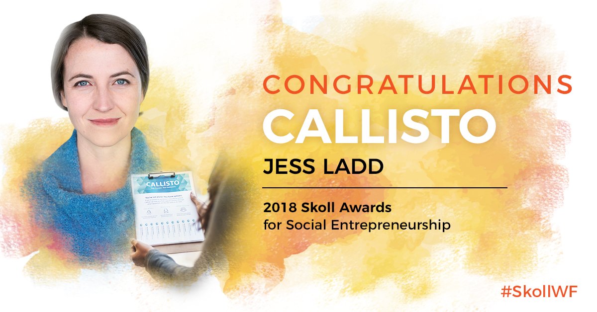 callisto's tweet image. We are thrilled to announce that CEO @JessicaHLadd + Callisto are 2018 @SkollFoundation awardees for Social Entrepreneurship! We are immensely grateful and humbled to be among such a wonderful group of recipients. Read more: skoll.org/organization/c… #SkollWF