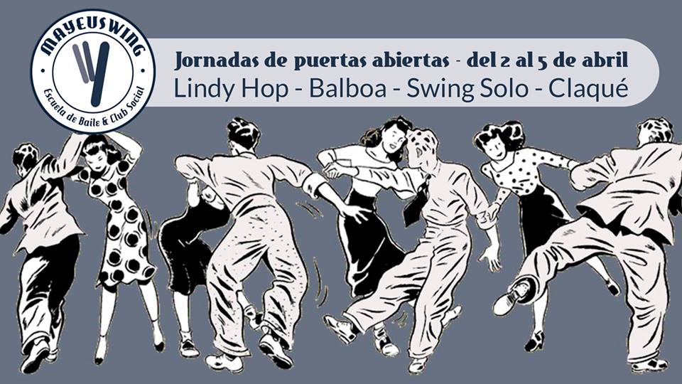 ¡¡Atención!!🧐 Reserva de plazas Jornadas de puertas abiertas, e-mail a mayeuswing@gmail.com indicando nombre y a que clase quieres asistir (No usar Web) HORARIOS:
Lunes 20:00h Claqué 
Lunes 20:00 Swing Solo
Martes 20:00h Lindy Hop
Jueves 21:00h Balboa
Jueves 22:00h Lindy Hop