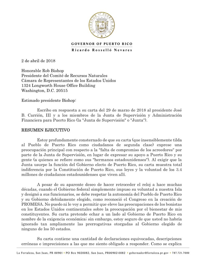 Ricardo Rossello On Twitter Compartimos Carta Enviada Al Representante Federal Rob Bishop Donde Solicitamos Que Tome En Consideracion A Todas Las Partes Durante Su Evaluacion De Los Resultados De La Ley Federal
