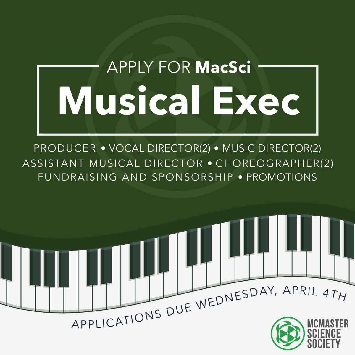 MacSci's tweet image. Don&apos;t miss out because applications for the Science Musical Executive close on Wednesday, April 4th!

Apply Now: buff.ly/2pGzIXq

If you have questions, send an email to our new Musical Director, Spencer Leidl at musical@mcmastersciencesociety.com!