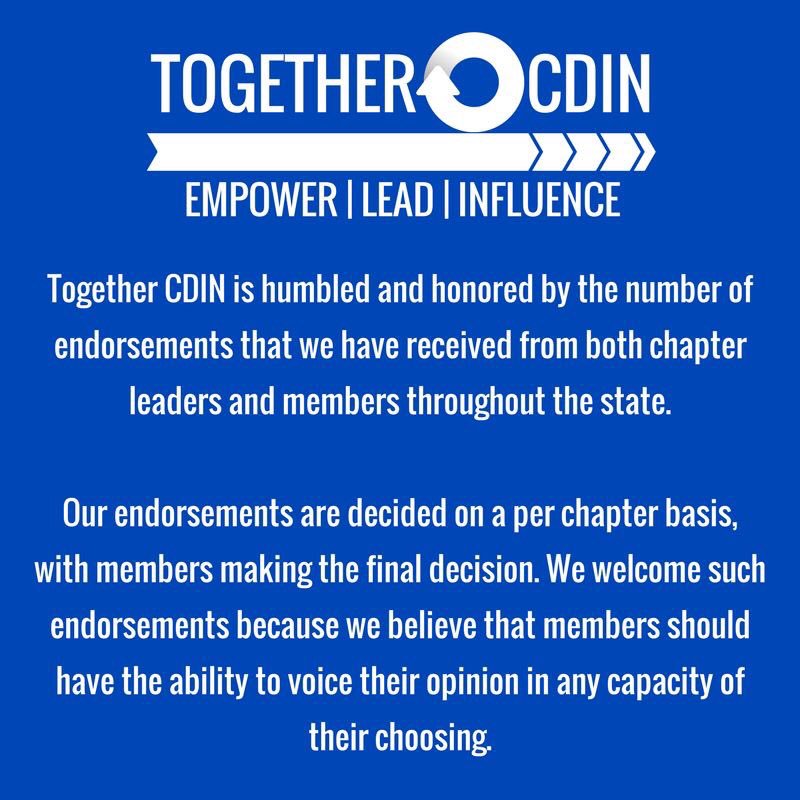 togetherCDIN's tweet image. Endorsements are a way for chapter members to voice their opinion. Together CDIN is proud to listen to chapter members and accept their endorsements.
