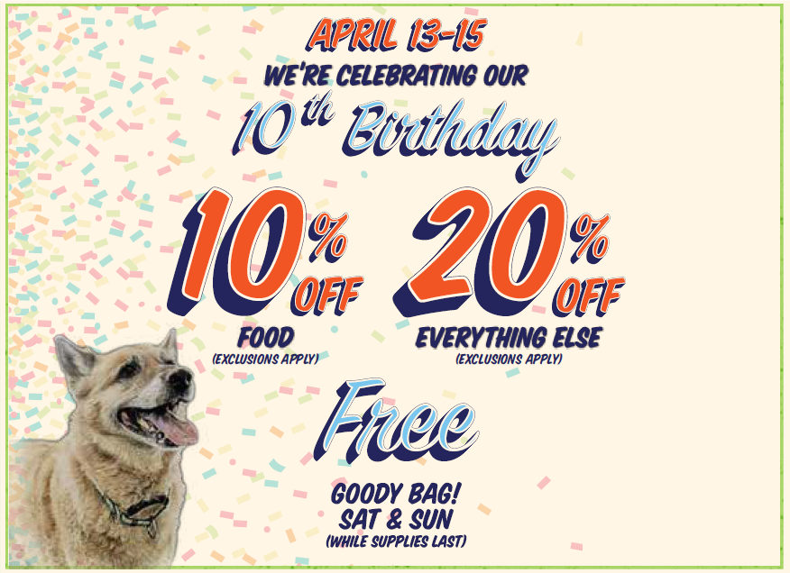 BentleysBoulder's tweet photo. Our 10th Birthday is coming up and you are invited! Come in April 13th-15th to receive 10% off all food and 20% off everything else! On Sat and Sun we also have free gift bags to give out while supplies last! #PetsAreFamily #Petstuff #Boulderco #Boulder #Birthdaybash #Boulderpets https://t.co/mvhrPnkhkT