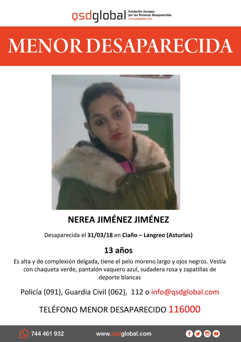 🆘#MUYURGENTE⚠️ 

Esta es Nerea, una #menor que ha #desaparecido en Ciaño #Asturias

Si la has visto llámanos
 ☎062 
 ☎091
 ☎112 

Tu RT es muy importante