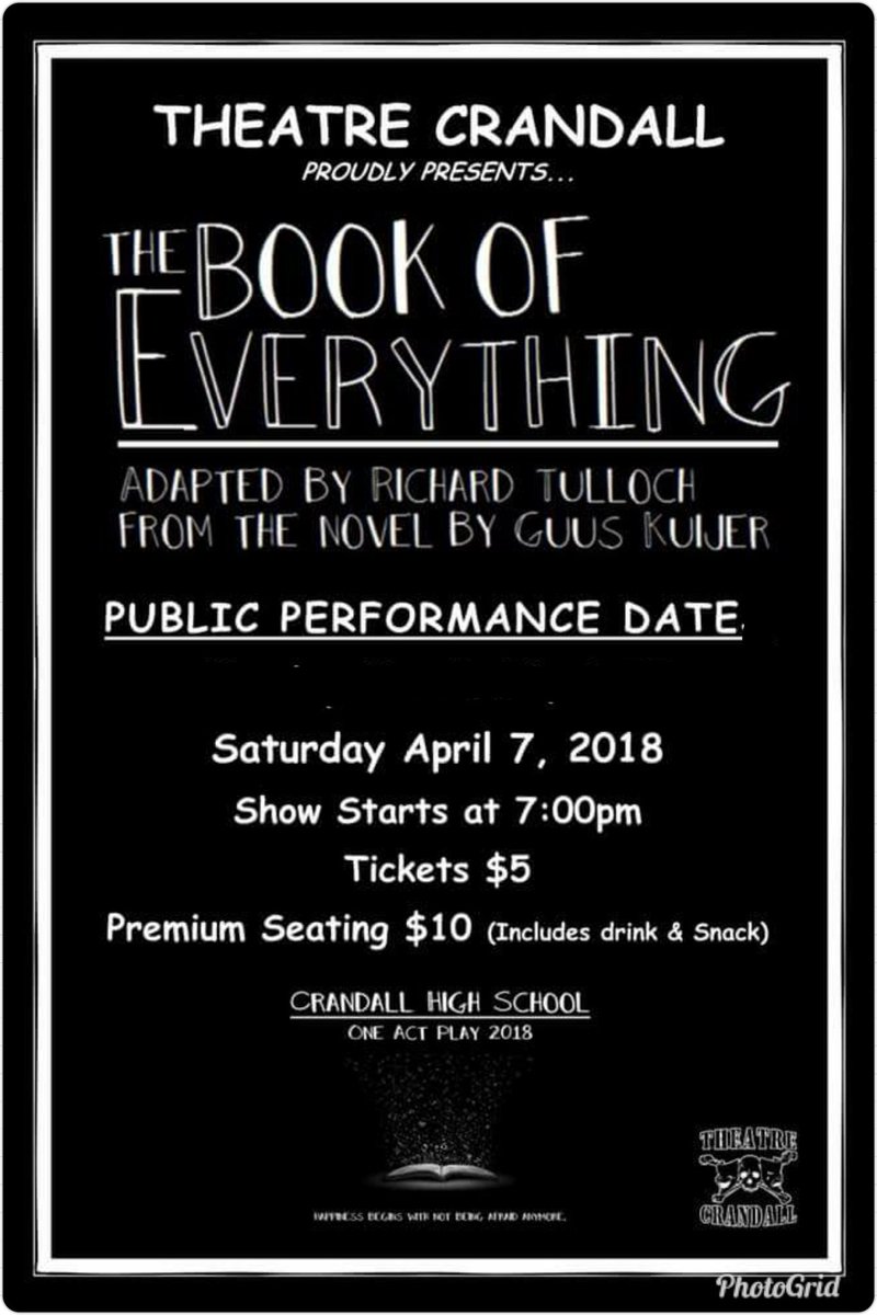 Come see the 3rd public performance of this award winning One Act Play!  Saturday  April 7th at 7:00!  You will be amazed!! @OfficialCISD @CrandallHS @CrandallTheatre #thebookofeverything #OAP2018 #Iwant2Bhappy #chickencaesar #again