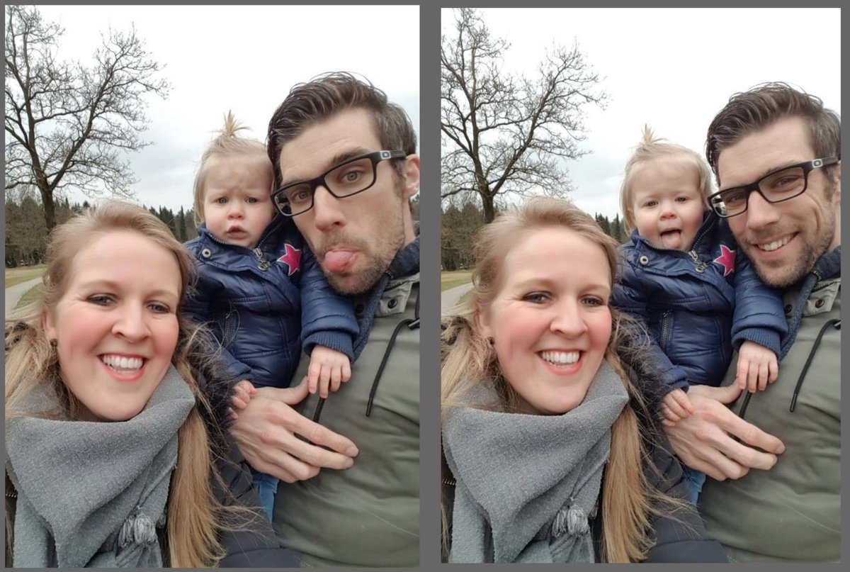 Picture 1: me trying to learn my daughter how to be on a pictures. Picture 2: success!!🙈😂 #Prouddaddy €