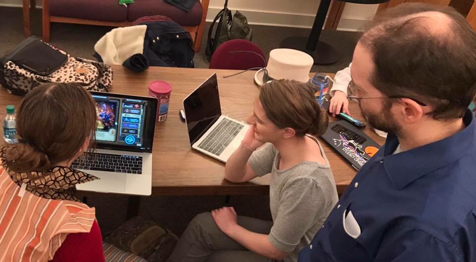 esportswlu's tweet photo. In the green room, #wluesports actors are teaching their director, Professor Owen Collins, how to play #hearthstone . 😂🎮 #jamesandthegiantpeach #kellertheatre #tb https://t.co/CWvBNLt2dd