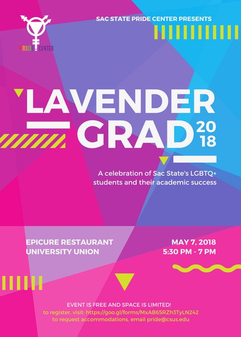 SacStatePride's tweet photo. Happy Monday Hornets! Just a reminder that registration for Lavender Graduation closes this Wed. April 4th. If you are an LGBTQ+ Sac State student graduating this semester or Fall 2018, let's celebrate together and register: https://t.co/vqhYZKBjdv https://t.co/0tp9lhrUnh