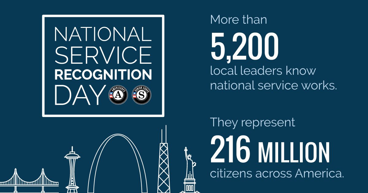 NationalService's tweet photo. NEW RECORD: Thousands of local leaders nationwide will recognize @AmeriCorps & @SeniorCorps service on Tuesday! #NationalServiceWorks across the country: https://t.co/iwJmRSkr6m https://t.co/xh8ZQgiVg8