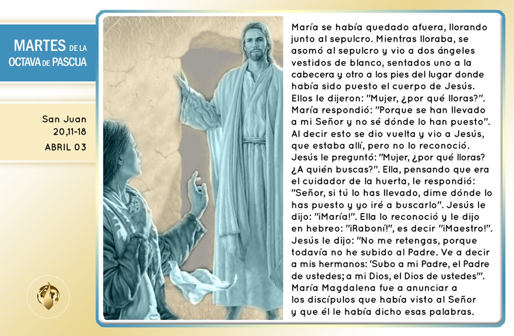 #EvangeliodelDía Martes de la Octava de Pascua
Jesús le dijo: "¡María!". Ella lo reconoció y le dijo en hebreo: "¡Raboní!", es decir "¡Maestro!". #Martes