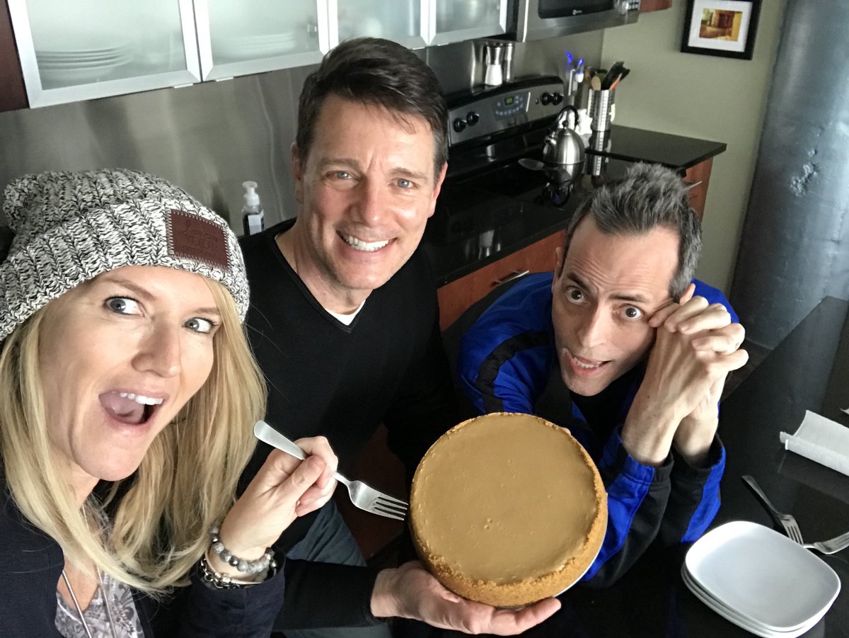 DawnAtFOX9's tweet photo. How do we celebrate an awesome Visit w @FrazierFox9 ‘s Dr Larson? With cheesecake & cappuccino of course! @TimBlotzFOX9 making the homemade coffee cheesecake & Steve made the cappuccino (mine was made with a ❤️) #cancerschmancer #friendsinthefight https://t.co/XufhMIUxR2