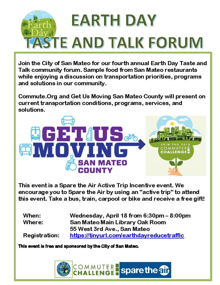 CityofSanMateo's tweet photo. Join #EarthDay Taste&Talk forum April 18! Sample food from local restaurants and discuss transportation issues. Hear from @SMCountyCommute & #GetUsMoving on programs and solutions.
Share your ideas on spending priorities to help solve congestion! @SamTrans
https://t.co/iknx9VXjWG https://t.co/4er66131MH