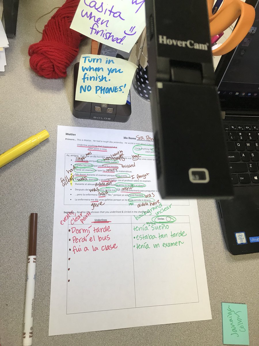 PowellSpanish's tweet photo. Thank goodness for the HoverCam and colors as we break down a familiar story! #crayolamarkers #FlairPens #colorconnection #excusethemess #messydesk My copy and theirs! We work TOGETHER in my class! 💙😃💙 #PowellNation @cycreekhs https://t.co/24yh04B8JD