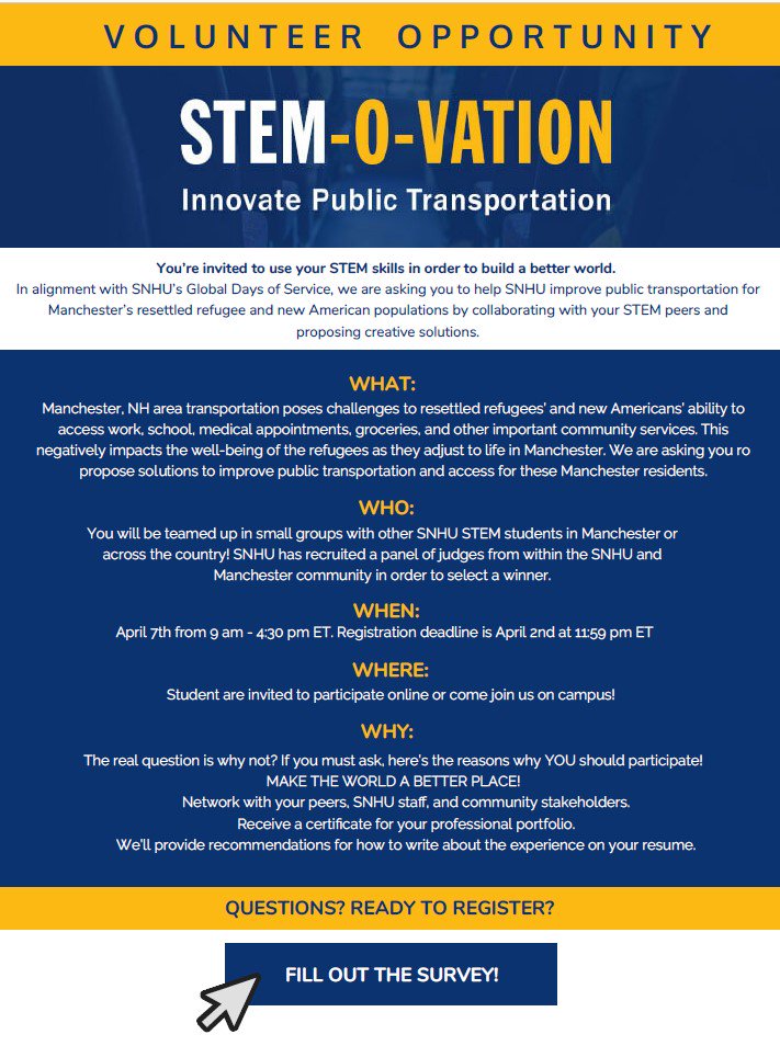jillfnugent's tweet photo. Join us Saturday April 7th for #SNHU STEM-O-VATION! Sign Up https://t.co/E3MItigROQ 🌎 #ServeWithSNHU #STEM #GlobalDaysofService #opendata #GlobalGoals #SDGs https://t.co/iBgVQiIXH1