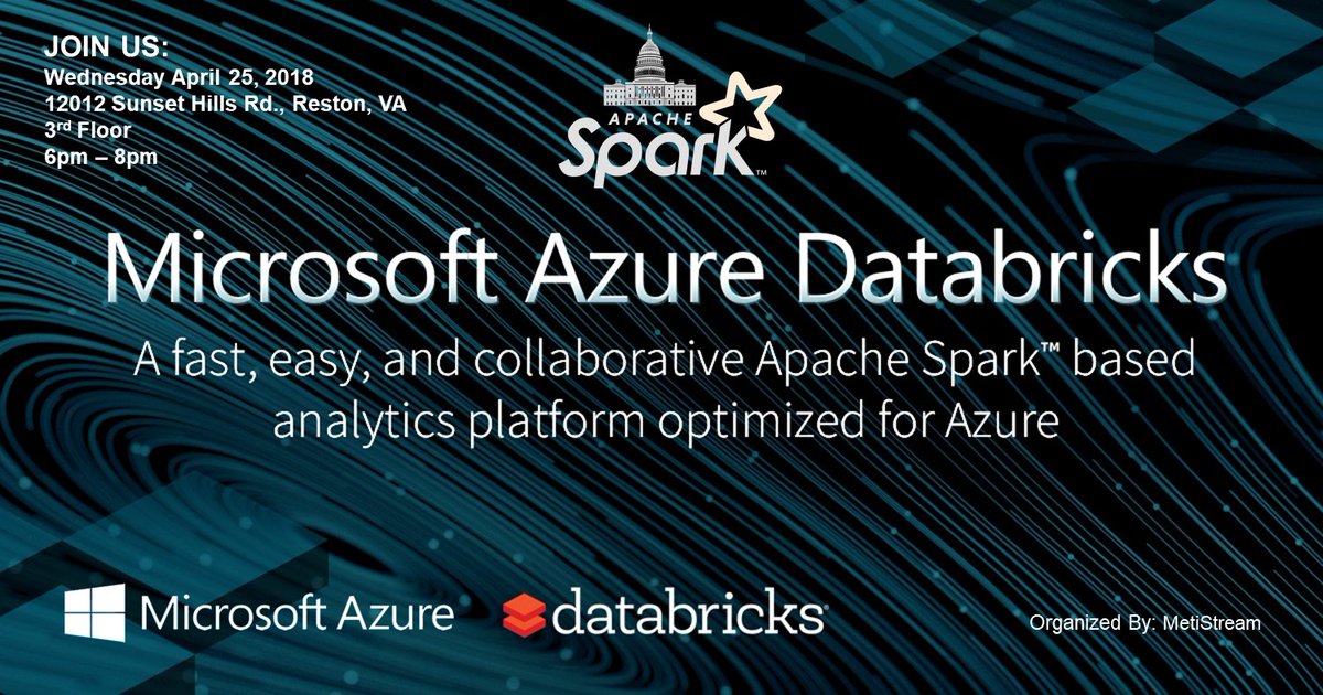 MetiStream's tweet photo. Come out to the next #DCSparkMeetup to hear from @databricks Resident Solutions Architect, @GranTuring talk about how Databricks and @Azure are teaming up, and some new features available on #ApacheSpark 2.3
RSVP: https://t.co/Zcrj1AgxBF
Pre-Register: https://t.co/hXhsyE1rqW https://t.co/CCuQMJOI4H