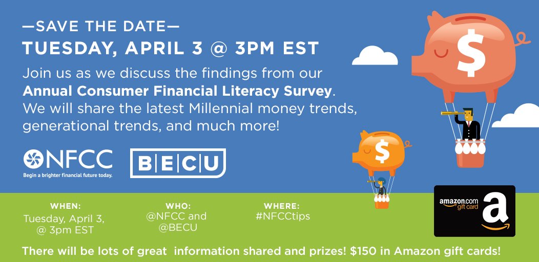 NFCC's tweet photo. Join us tomorrow at 3pm EST as we discuss the latest #millennial and #generational #money trends from our Financial Literacy Survey with @BECU! Participate and RSVP for a chance to win one of 3- $50 Amazon giftcards! https://t.co/ZzLdVZbBns https://t.co/otdu5wMBzJ