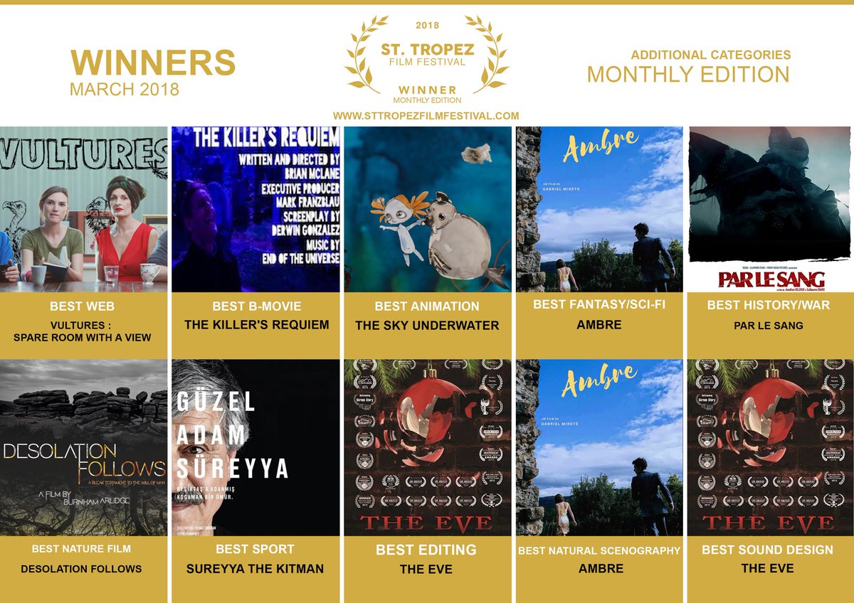 StTropezFF's tweet photo. 🏆 CONGRATULATIONS to all the #March 2018 Monthly Edition #STFF Winners! 🏆 Discover all the #Winners #additionalcategories Categories #independentfilm #film https://t.co/VMCLN7Gs2l