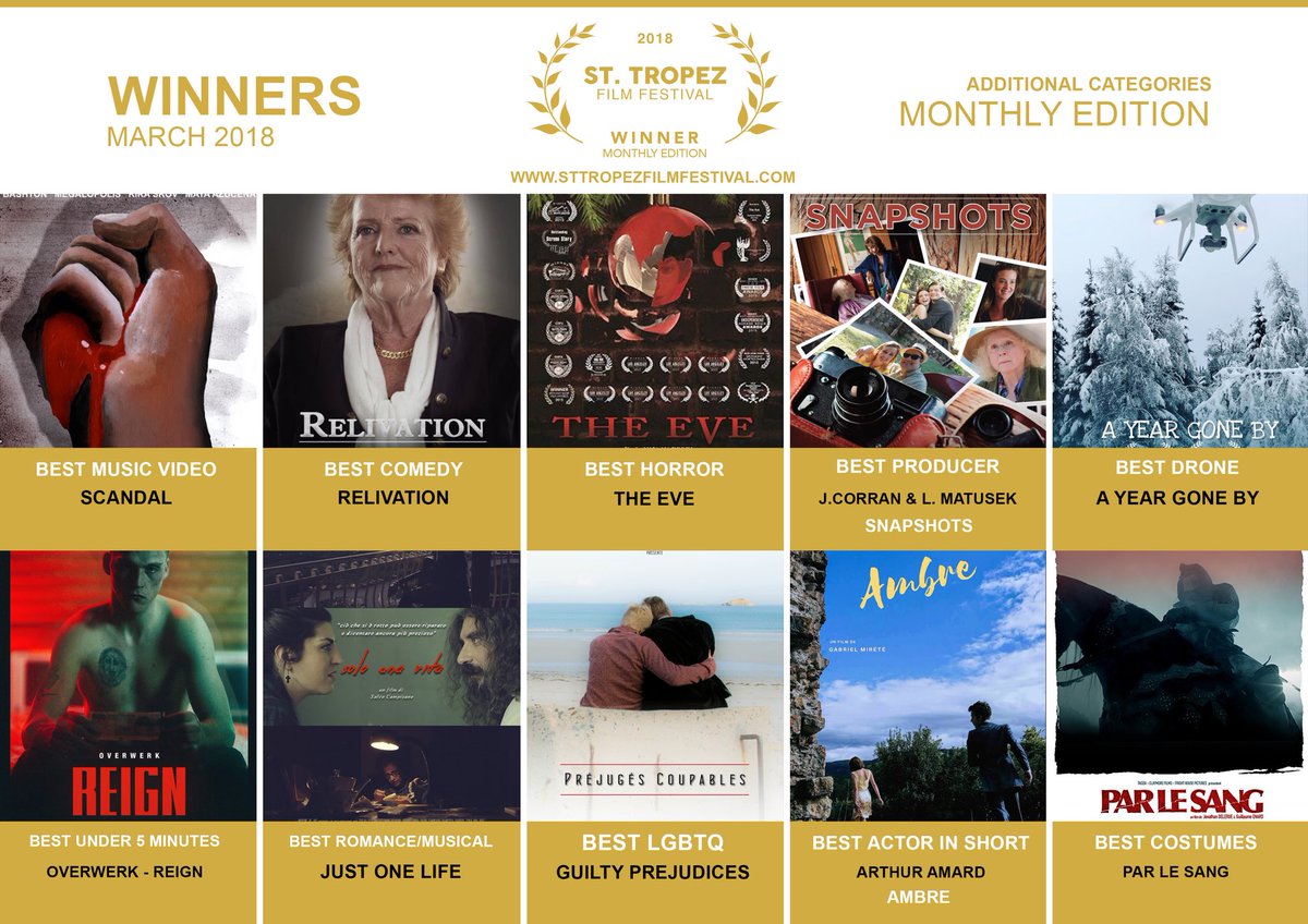 StTropezFF's tweet photo. 🏆 CONGRATULATIONS to all the #March 2018 Monthly Edition #STFF Winners! 🏆 Discover all the #Winners #additionalcategories Categories #independentfilm #film https://t.co/TctfInZdYV