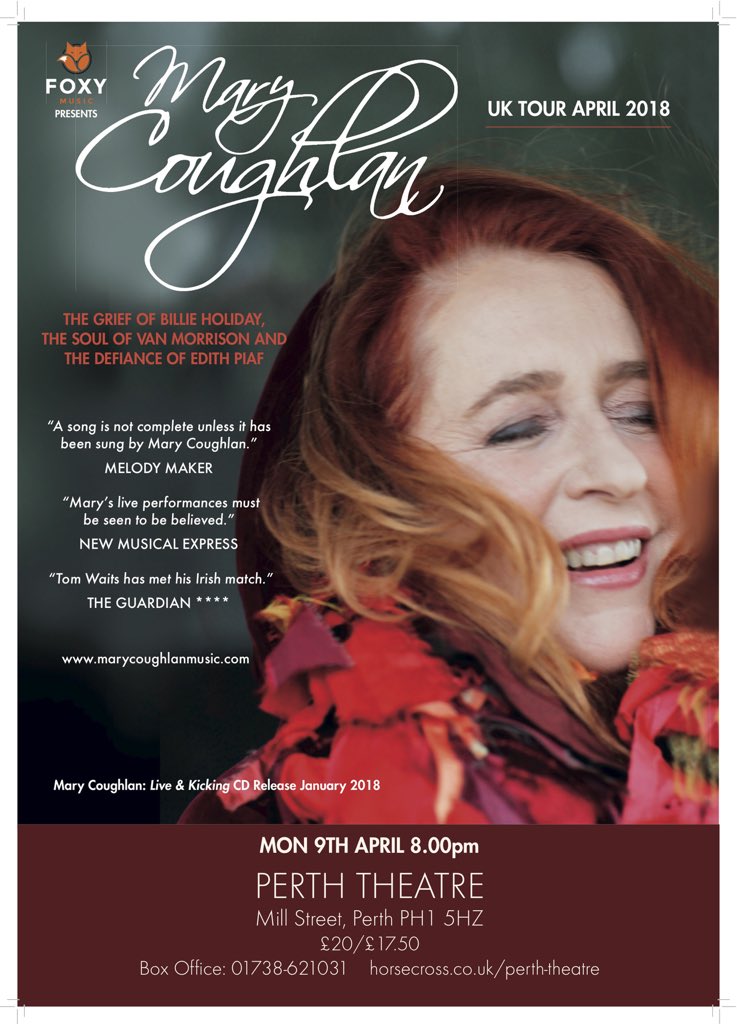 alliefoxguitar's tweet photo. Only 7 days to go! Mary Coughlan at Perth Theatre Mon 9 Apr. "This woman is a poet with sardonic wit &amp; a turn of phrase to catch you right off guard. This was Mary Coughlan stroking every heartstring going. Give me this any day. Every day." (**** Broadway Baby) 01738 621031) https://t.co/8UTJHD2kaA