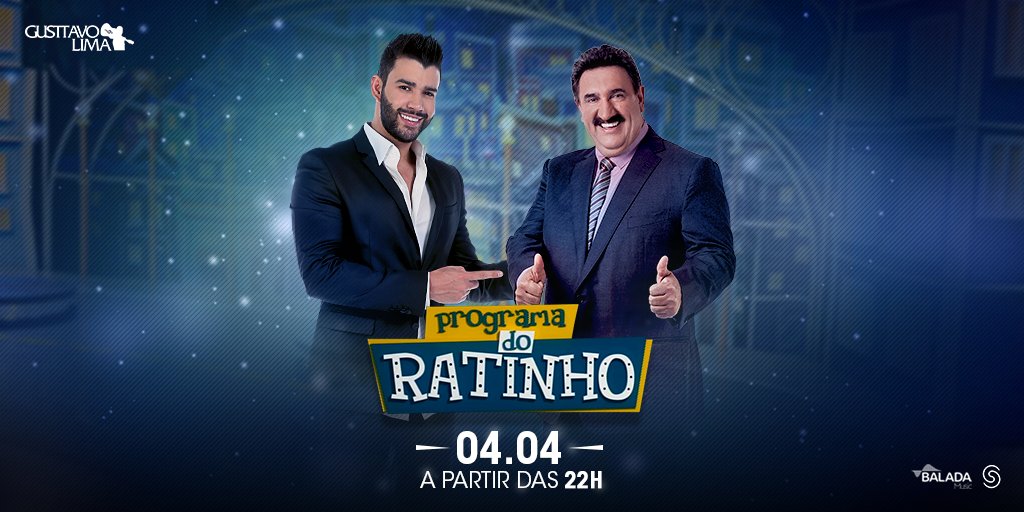 gusttavo_lima's tweet photo. Olha só galera! Na próxima quarta-feira, dia 04 de abril, eu vou estar no Programa do Ratinho. Então marca na agenda aí, dia 04/04 a partir das 22h e já avisa todo mundo hein!! 😎🙏 #GusttavoLima #ProgramaDoRatinho #AiBB https://t.co/18nBcHP7nM