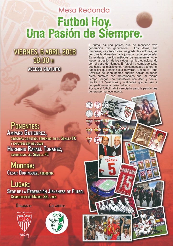 SevillismoJaen's tweet photo. El próximo viernes 6 de abril a partir de las 18:30 te esperamos en nuestra primera mesa redonda! Tendremos como invitados a @AmparoTosiriana y #HerminioRafaelToñanez ambos exfutbolistas de nuestro @SevillaFC  ¡¡¡NO TE LO PIERDAS!!! https://t.co/Dwar5XTzLo