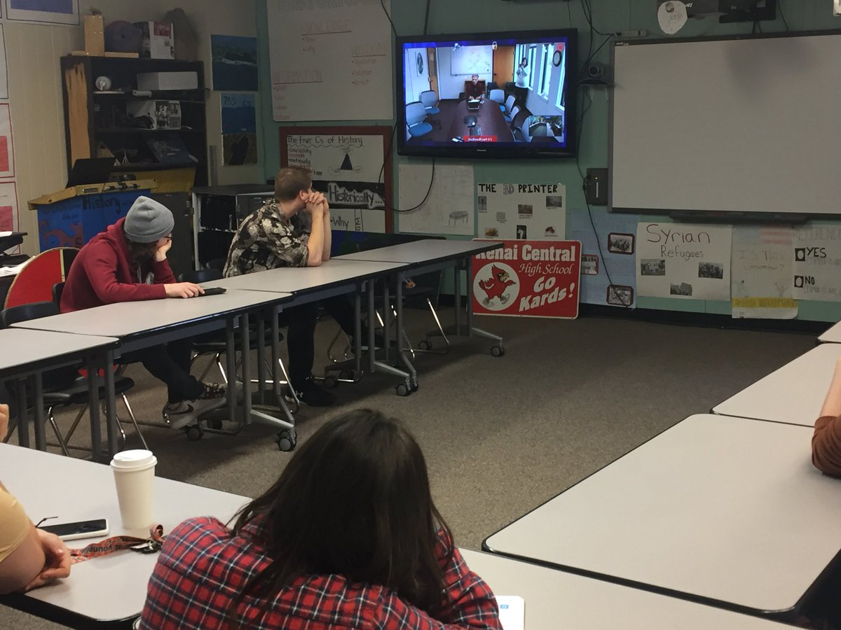 KCHSYT's tweet photo. Global Nomads class from Kenai and Soldotna Prep @kchsyt talking with guest speaker Dr. Michael Johnson @AlaskaDEED State of Alaska Commissioner of Education @usedgov https://t.co/Oq4uNIx46S