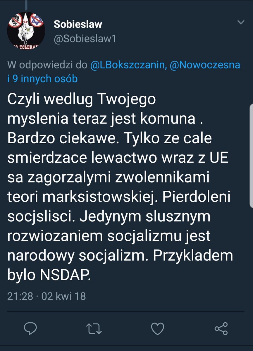 LBokszczanin's tweet photo. Trafił mi się dziś komentator...obrońca #PiSlamabad.u i fan Hitlera w jednej osobie. Czemu to jakoś mocno nie dziwi.
Screena jak ów poplecznik partii rządzącej życzy mi żebym zdechł na raka nie będę wrzucał...bo dzieci kogo czytać...
#FolwarkPiSięcy
#Nowoczesna @Nowoczesna https://t.co/kB6dpRNdXA