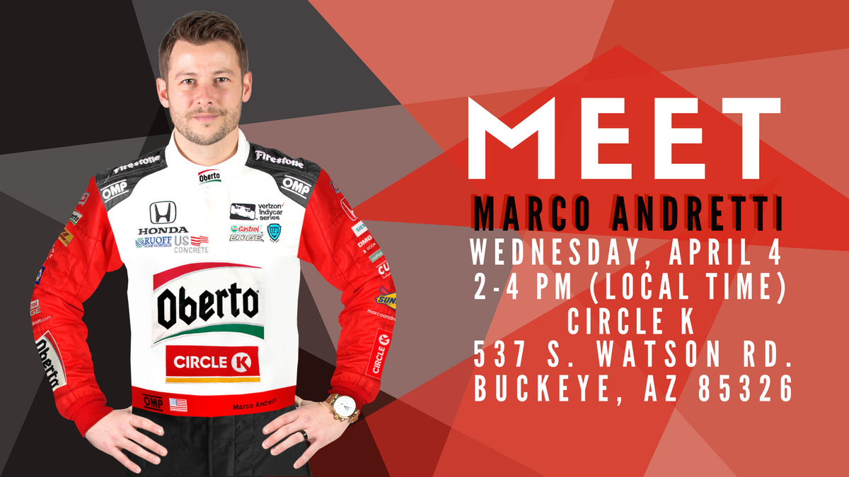 AndrettiIndy's tweet photo. Hey Phoenix-area friends! Stop by @CircleKStores in Buckeye, AZ this Wednesday to meet the driver of the No. 98 Oberto Circle K / Curb Honda. @MarcoAndretti will be signing autographs from 2 - 4 p.m. local time!

#YouGetOutWhatYouPutIn #INDYCAR #DesertDiamondPGP https://t.co/fJboe1iXSA