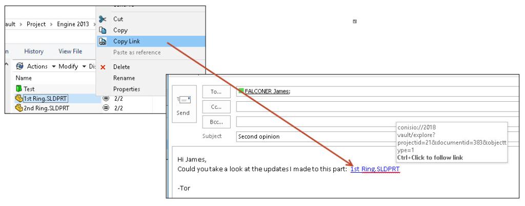 Have you checked out the cool new 'Copy Link' right-click option in SOLIDWORKS PDM 2018? It allows adding clickable links in emails or documents that automatically browses to the file in a vault ^JF
