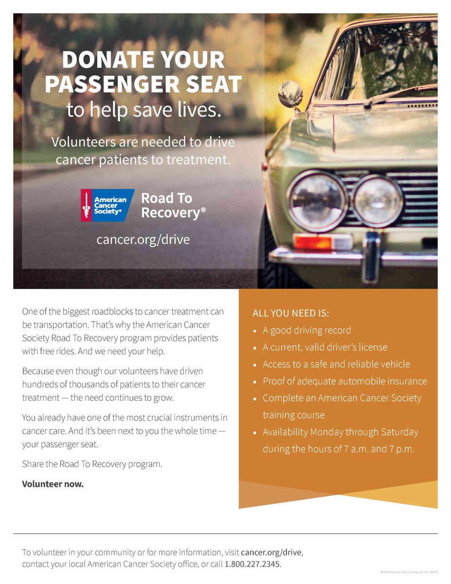 MSABC_Houston's tweet photo. Every day, there are cancer patients who need to get to treatment, but don't have a ride. Our Road To Recovery program provides them the ride they need. Open your door for a cancer patient today. Ever dollar you raise helps us fight. Check out https://t.co/hHDtn0MV5V &amp; register!! https://t.co/LXEmvwernQ