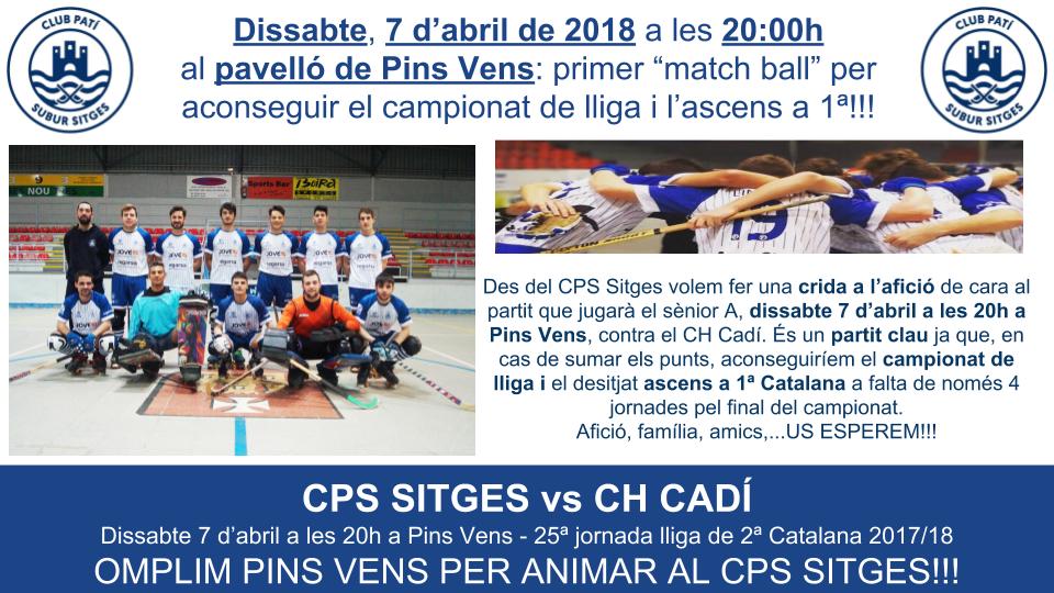 📣Des del CPS Sitges fem una crida a l’afició de cara al partit que jugarà el sènior A, dissabte 7 d’abril a les 20h a Pins Vens, contra el CH Cadí.  Socis, aficionats, familia, amics...us esperem per animar al CPS Sitges!!! 💪🏑🥅💙

#hoquei #hockey #esports #Sitges