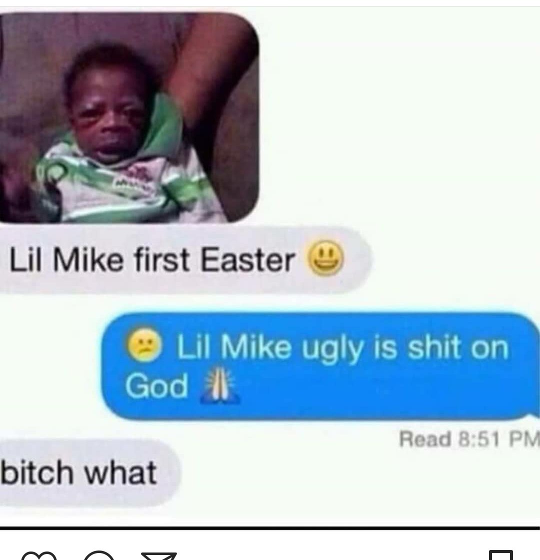 TheoNJC's tweet photo. Have memes gone to far? The answer is no...... lil Mike looking like a naked mole rat outta Kim Possible. Sorry lil Mhmm Mike #Easter #meme https://t.co/gVIYlXE3aW