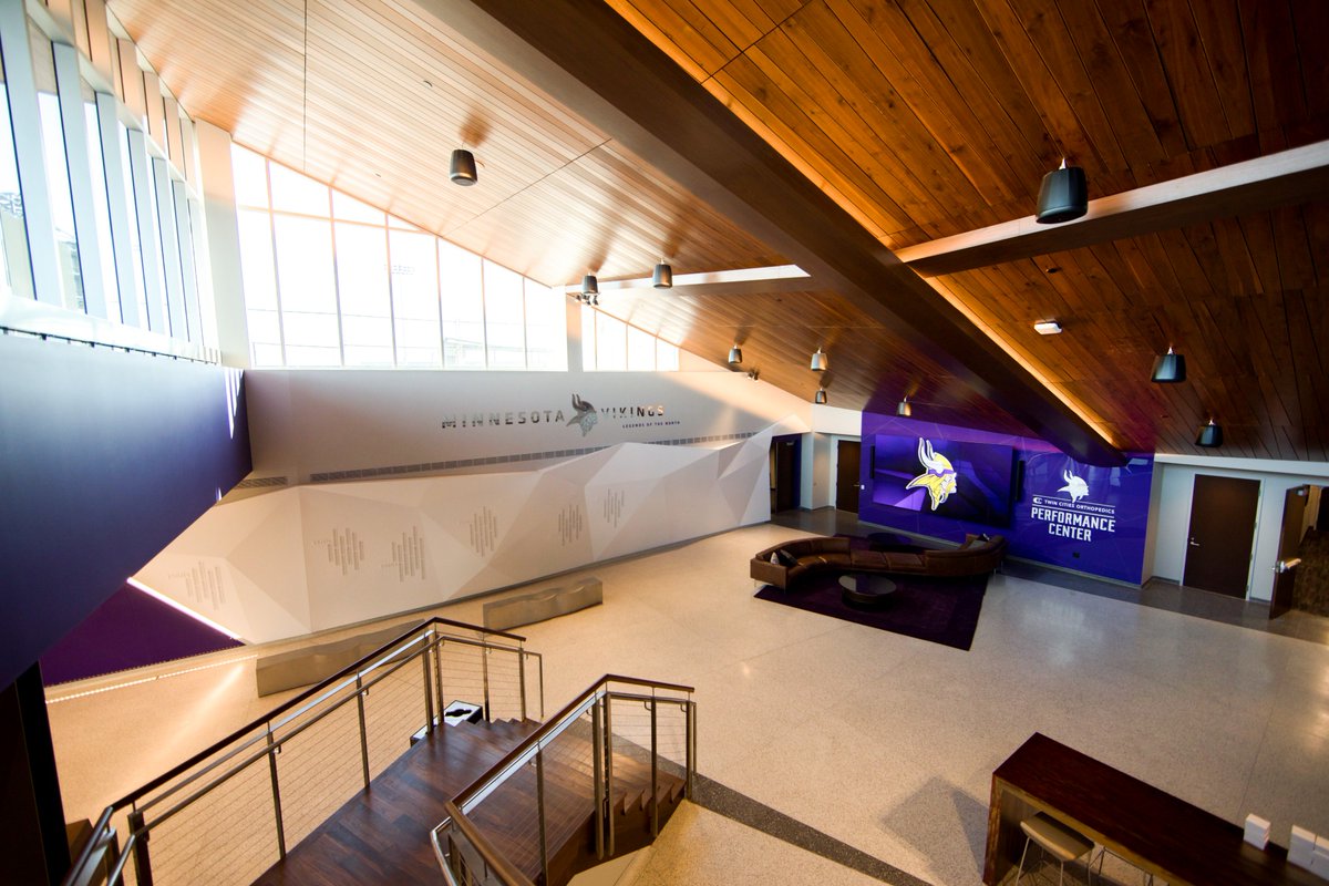 VikingsCreative's tweet photo. When big ideas come to life... here's a look at the "Legends of the North" all-time player installation in the #TCOPerformanceCenter lobby. 👩🏼‍💻: @AliciaFaye27 🔨: @archetypesign #environmentaldesign #Vikings https://t.co/PEODB0yh3Z