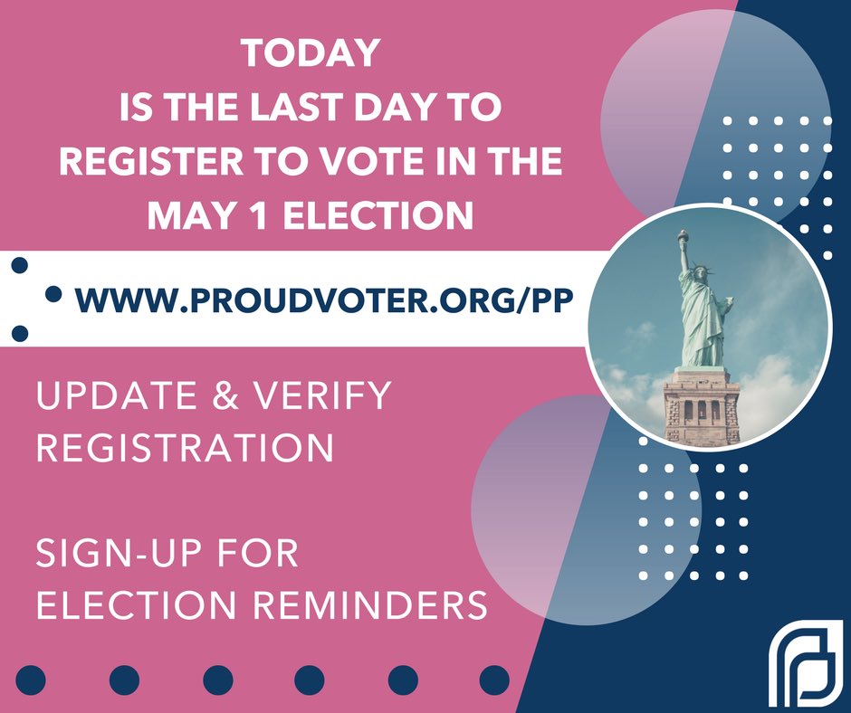 ppmet's tweet photo. REGISTER TO VOTE, NOW!
Let your voice be heard. Today is the last day to register for the May 1 election. https://t.co/6SmiPiZOVk