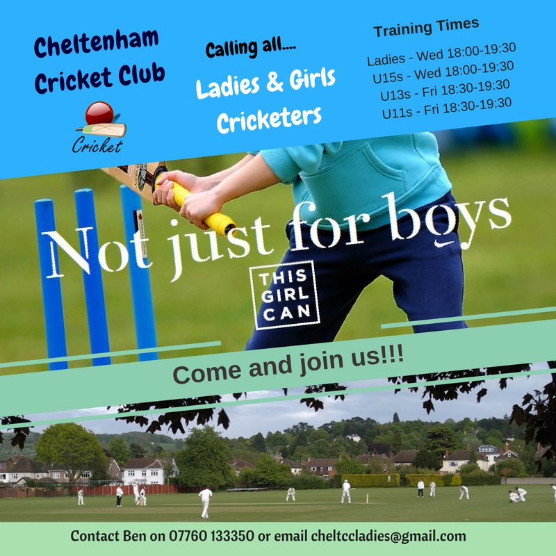 Cheltenham Ladies & Girls Cricket (@cheltccladies) on Twitter photo Season is edging ever closer!! Any girls and ladies looking to play cricket, even if you've never played or tried it before, come and join us!! Cricket is fast becoming more popular amongst women so don't miss out! Come give it a try! Contact <a href="/Ben_deVos1/">Ben de Vos</a> for more info! Season is edging ever closer!! Any girls and ladies looking to play cricket, even if you've never played or tried it before, come and join us!! Cricket is fast becoming more popular amongst women so don't miss out! Come give it a try! Contact <a href="/Ben_deVos1/">Ben de Vos</a> for more info!