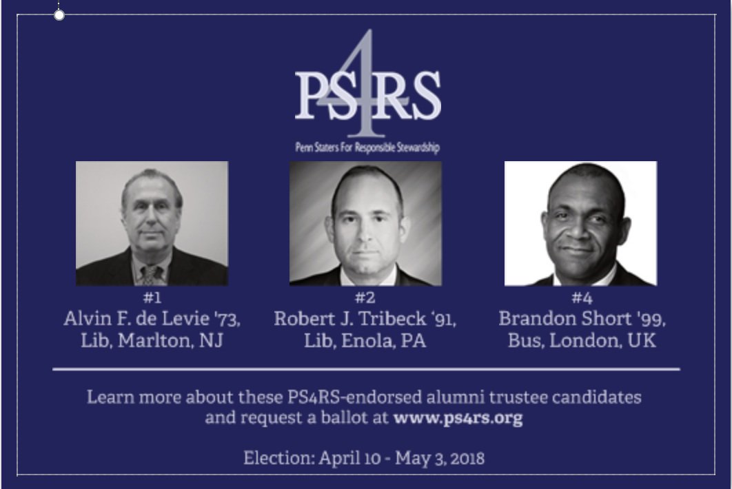 PS4RS's tweet photo. Kick off your @PennStateFball Blue-White Weekend by stopping by to meet PS4RS-endorsed alumni trustee candidates on Friday, April 20, 2018 from 7:30-10:30pm at @LettermansGrill. https://t.co/87QRhvybZd
