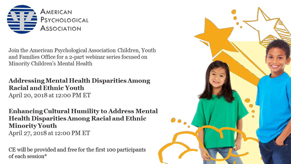 DrLaurenGFasig's tweet photo. Join @APA's new webinar series on mental health disparities among racial and ethnic minority youth. CE available.  Register at https://t.co/HK28huN2Db for 4/20 webinar and   https://t.co/GF7ecDDEPk for 4/27.  CC provided. https://t.co/fNI2WyVRzl