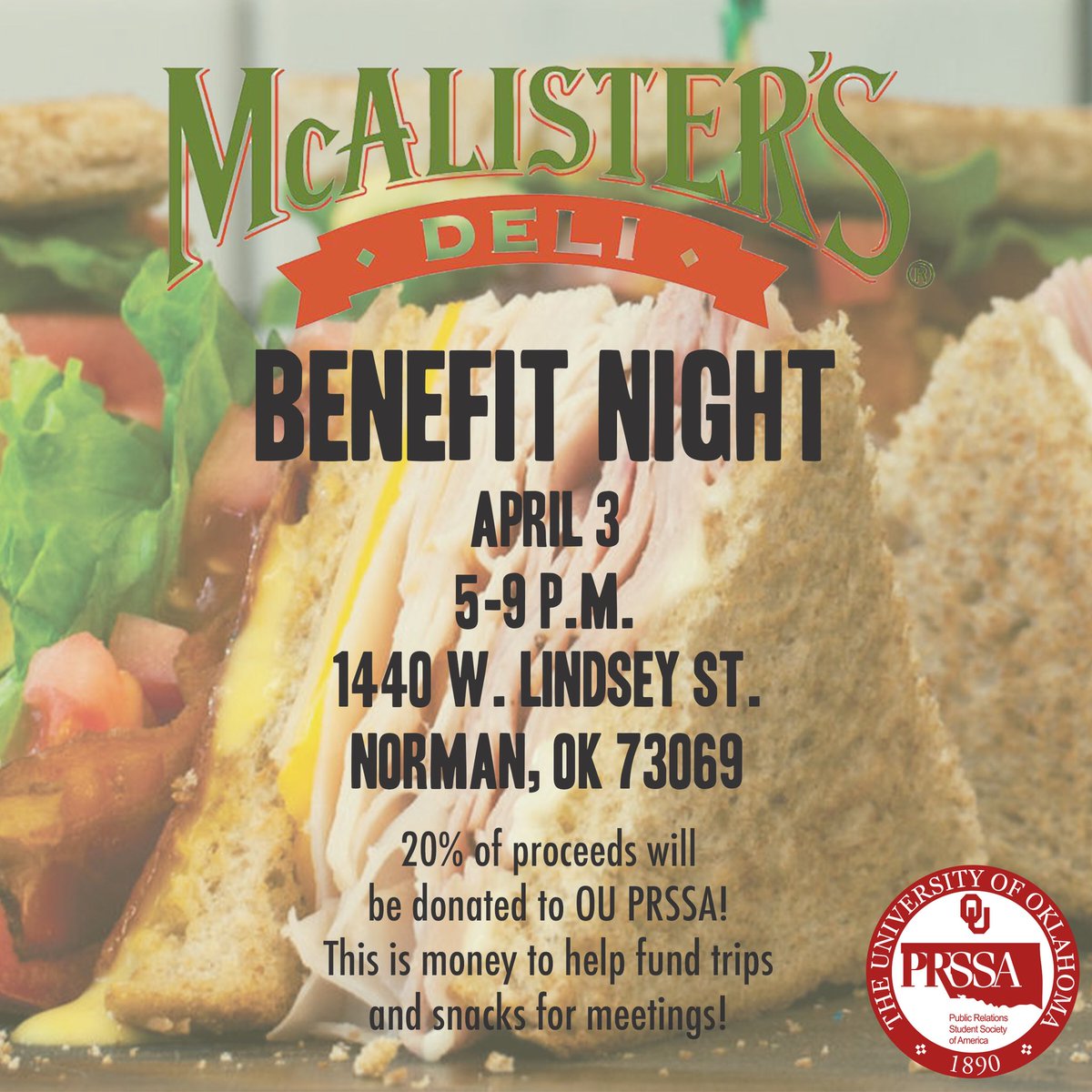 ouprssa's tweet photo. Need something to eat for dinner tomorrow night? Stop by McAlister's on Lindsey St. for OU PRSSA's Benefit Night! We will be raising money to help fund all the cool stuff we get to do throughout the semester. Help us out by grabbing a bite to eat between 5-9 p.m. https://t.co/LUXmYUVPDA