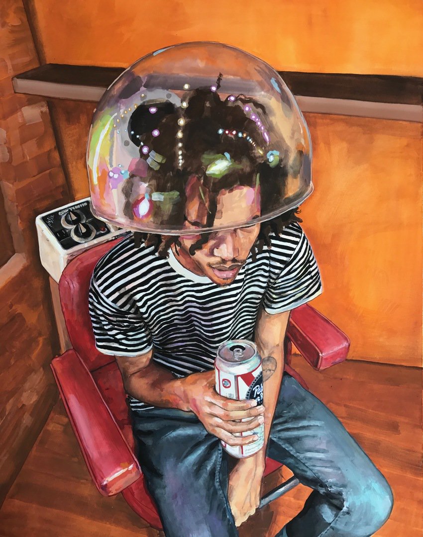 PabstBlueRibbon's tweet photo. We've been digging this painting by Jurell Cayetano titled "Gerald Under a Hair Dryer" 🍻 🔥 https://t.co/JKeuTafeex
