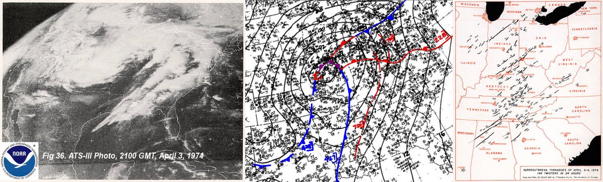 Tomorrow marks 44 years since the Apr 3-4 1974 Super Outbreak when 148 confirmed tornadoes touched down in multiple states and Ontario.  Attached are a satellite image of the storm, surface analysis from Apr 4 0000 UTC, and the original tornado outbreak track map by Ted Fujita.