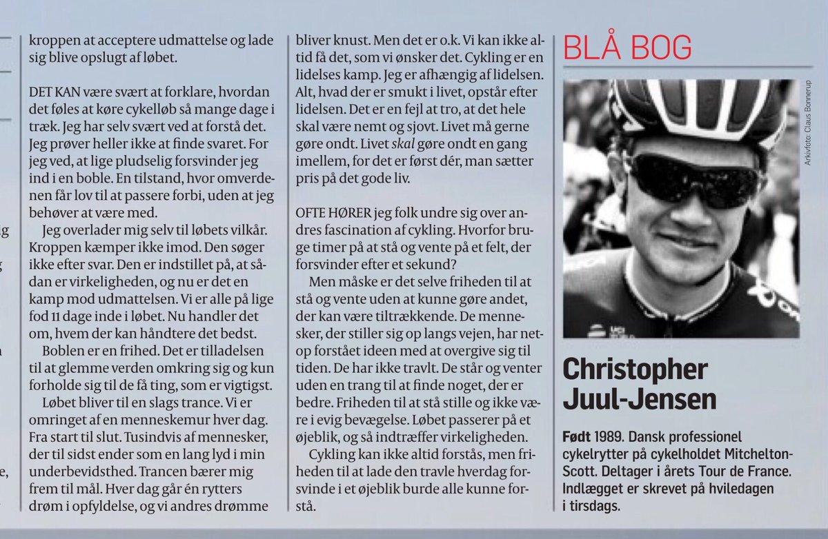 Jeg har i 20 år som sportsjournalist aldrig dækket et cykelløb. Interesserer mig generelt ikke for sport, hvor man kan transportere sig i eller spise udøverne.
Men den her afslutning på en klumme i <a href="/politiken/">Politiken</a> af Chris Juul kan noget.
Ham holder jeg med. Ham og lidelsen. #tdf
