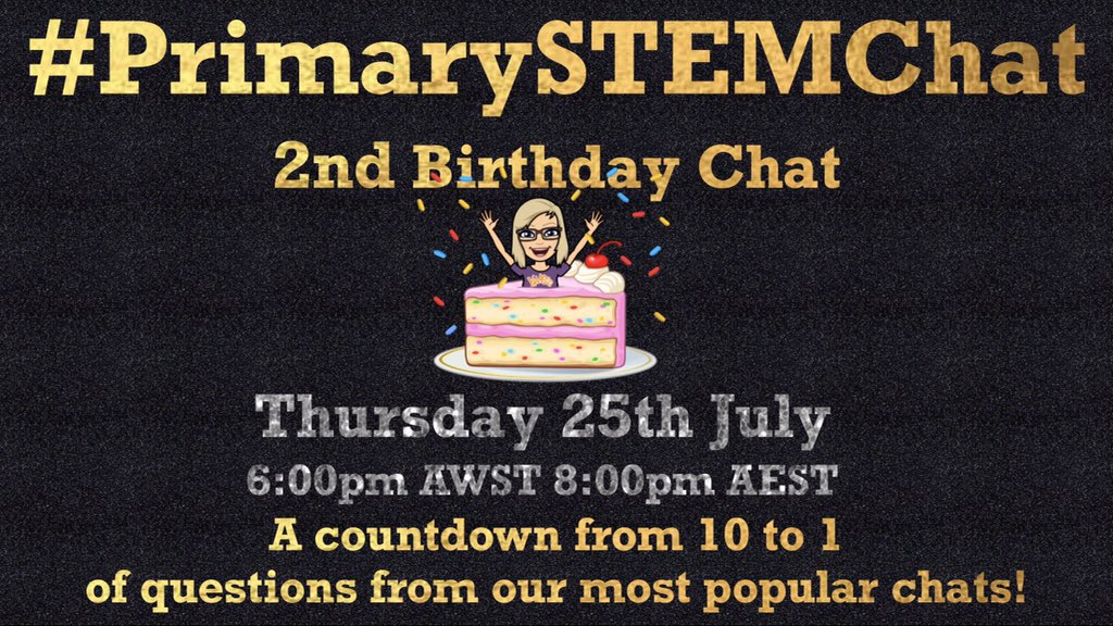 Join us on Thursday to celebrate 2 awesome years of #PrimarySTEMChat as we ask questions from our 10 most popular chats! #STEM #STEMed #edchat #aussieED #edutweetoz #tlapdownunder <a href="/EduTweetOz/">EduTweetOz</a> <a href="/stekra75/">S.Kraft</a> <a href="/cirich1/">Claire Rich</a> @GohGaikJune <a href="/ShaneAbell/">Shane Abell</a> <a href="/MrsTCHSS/">Techie in training</a> <a href="/mySTEMclassroom/">Sarah Kroenert</a> <a href="/Marybell1Bell/">Mary Bell 🌱🌳🌳</a>