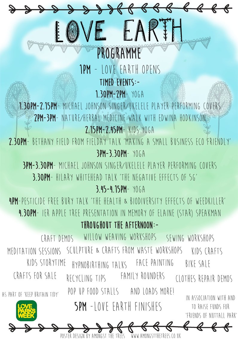 Our PROGRAMME for #LoveEarth 2019 > facebook.com/LoveEarthFesti… 💚🌍 #LoveParks <a href="/KeepBritainTidy/">Keep Britain Tidy</a>

TODAY at <a href="/NuttallPark/">Nuttall Park</a> in #Ramsbottom, 1-5pm

<a href="/Team4Nature/">Team4Nature</a> @thisisrammysite <a href="/BuryTimes/">Bury Times</a> <a href="/RossFreePress/">RossendaleFreePress</a> @TowerFMOfficial <a href="/RossendaleRadio/">104.7 Rossendale Radio</a> <a href="/friends_earth/">Friends of the Earth</a> <a href="/BuryCouncil/">Bury Council</a> <a href="/nwparksforum/">North West Parks Friends Forum</a>