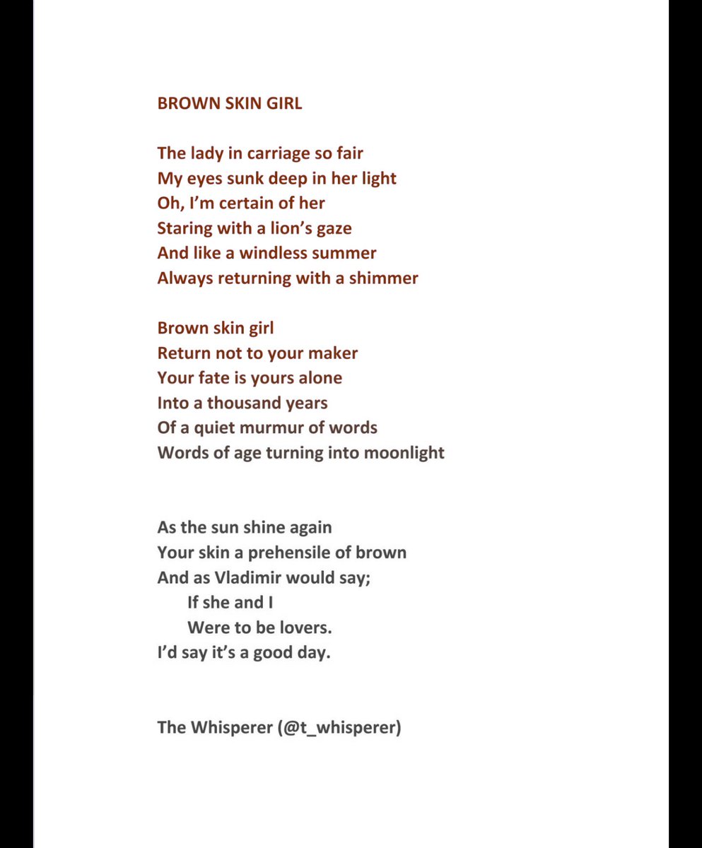 skinnerjojo's tweet photo. I wrote this poem based on the song @Beyonce @SAINtJHN and @wizkidayo sang on her new album The Gift #brownskingirl. Check it out. Follow and retweet @The_Whisperer1 for immediate follow back. https://t.co/2OMKAsjLoS